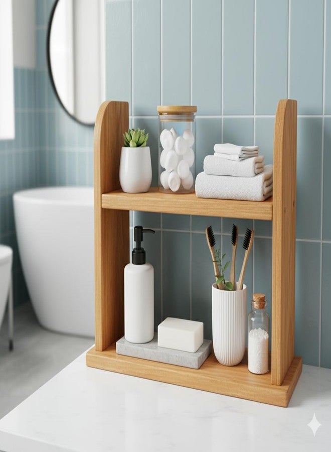 ABTRIX WITH AB Wooden 2-Tier Bathroom Organizer Shelf, Wall Mount or Countertop Storage Rack, Natural Wood Finish for Vanity, Kitchen, or Spice Organization - Image 5